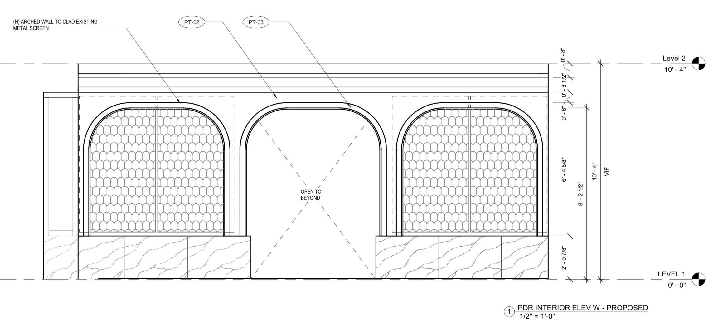 Powder room interior elevation, proposed arched tile screens